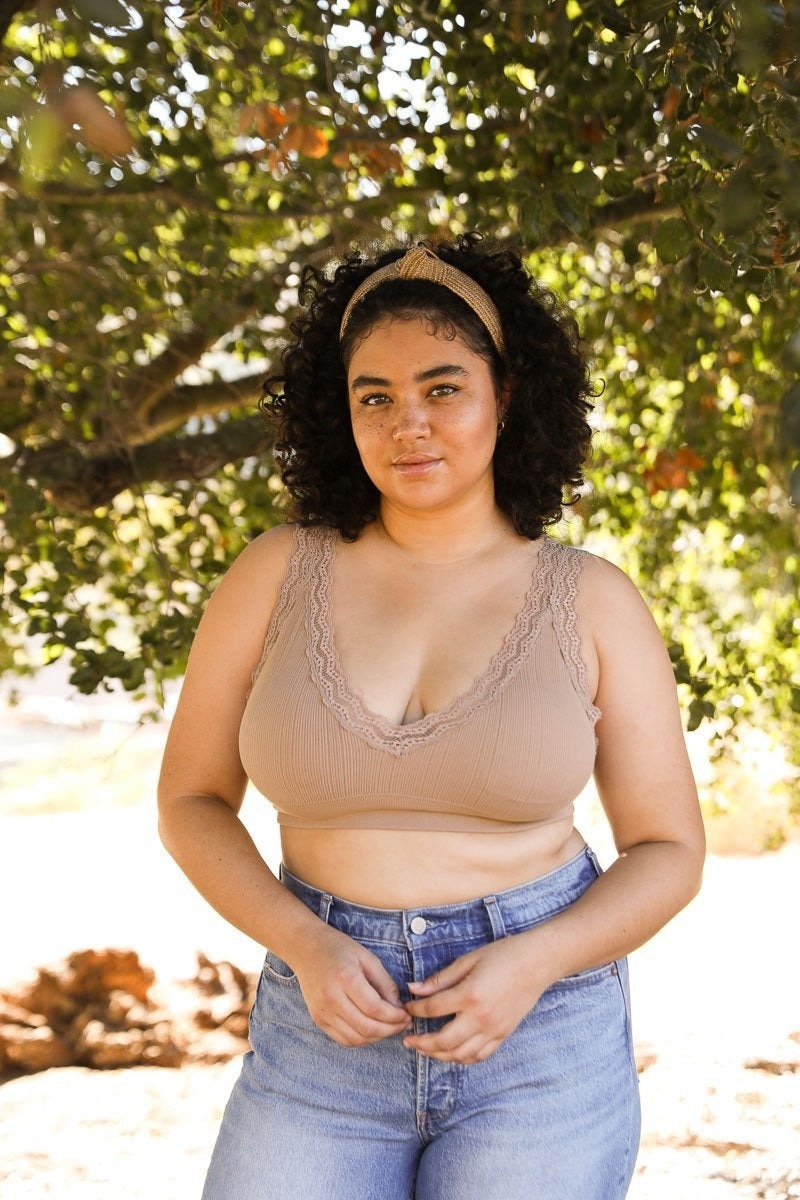 Mocha lace trim padded bralette by Periwinkle Aether, featuring soft cups and delicate lace detailing, perfect for comfortable lingerie.