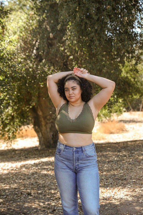 Olive green lace trim padded bralette from Periwinkle Aether in lingerie and underwear, featuring delicate lace details and soft padding.