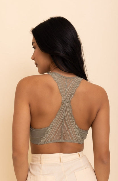 Periwinkle Aether lacey racerback seamless bralette in sage with soft, stretchy lace design and wireless, comfortable fit