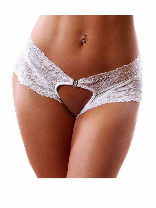 White lace open-front panty by Harlequin Icarus featuring sexy, intricate lace details and a revealing crotchless design.