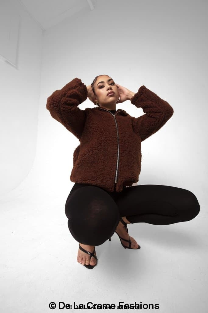 Rose Eleusis Lauren zip-up hooded Borg teddy jacket in brown, featuring a cozy fleece-lined design and front zipper closure.