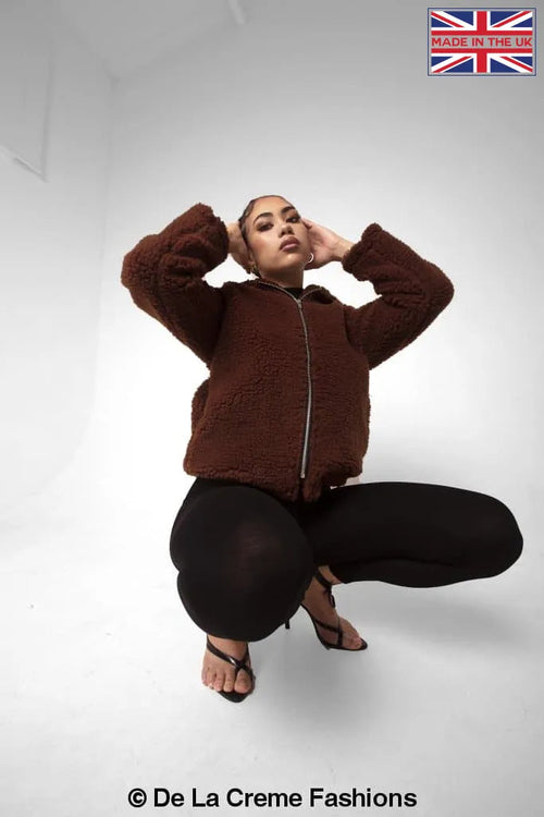 Rose Eleusis Lauren zip-up hooded borg teddy jacket in brown, featuring a cozy fleece-lined design and adjustable hood.
