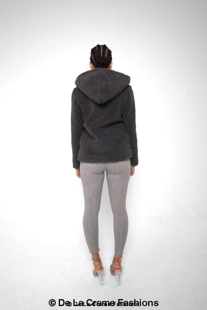 Rose Eleusis Lauren zip-up hooded Borg teddy jacket with cozy fleece lining and plush exterior, perfect for casual winter wear.
