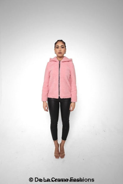 Rose Eleusis Lauren zip-up hooded Borg teddy jacket with cozy fleece lining and adjustable hood, perfect for cold weather.