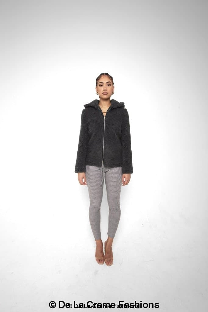 Rose Eleusis Lauren zip-up hooded borg teddy jacket with cozy fleece lining and a comfortable hood, perfect for cold weather.