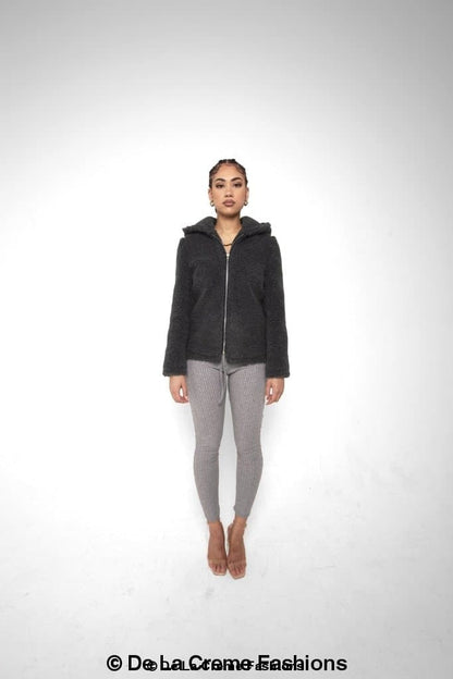 Rose Eleusis Lauren zip-up hooded borg teddy jacket with cozy fleece lining and a comfortable hood, perfect for cold weather.