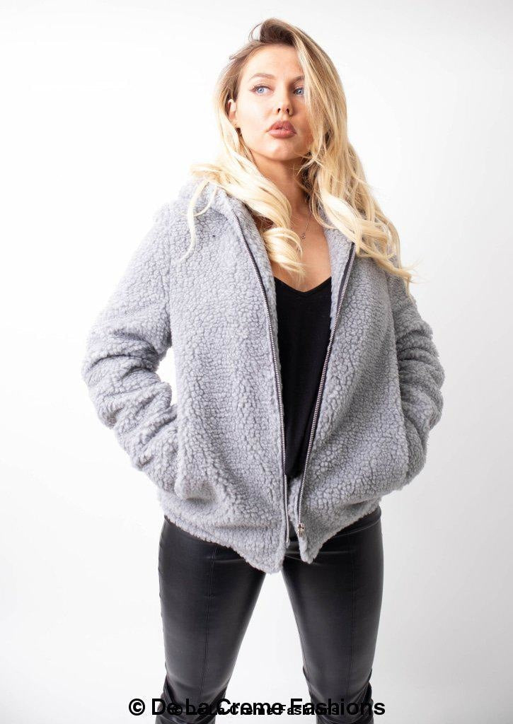 Rose Eleusis Lauren zip-up hooded borg teddy jacket with soft, plush fabric and cozy hood, perfect for cold weather.