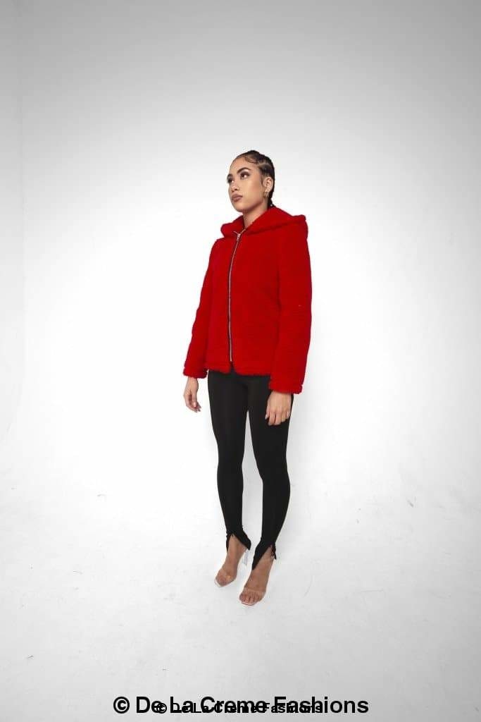 Rose Eleusis Lauren zip-up hooded borg teddy jacket with cozy fleece lining and adjustable hood, perfect for cold weather.