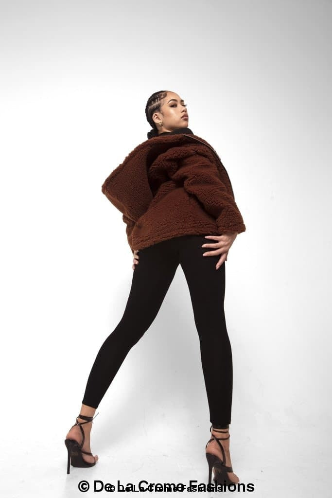 Rose Eleusis Lauren zip-up hooded Borg teddy jacket with cozy fleece lining and hood, perfect for casual, warm winter wear.