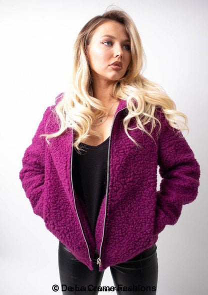 Rose Eleusis Lauren zip-up hooded Borg Teddy jacket with plush lining and cozy design, ideal for stylish cold-weather wear.