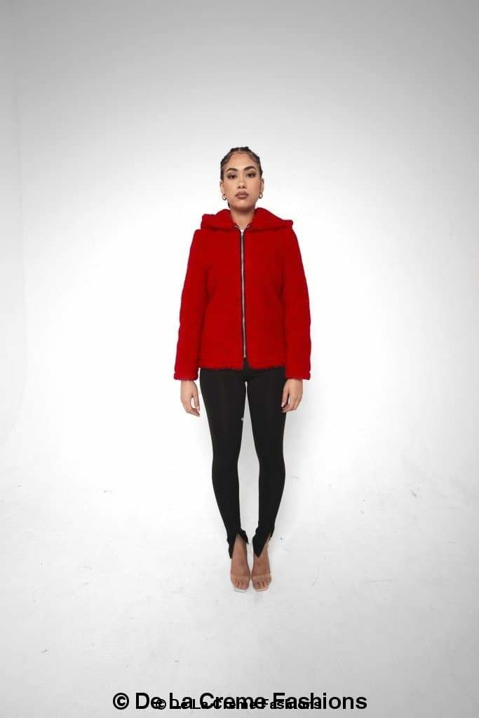 Rose Eleusis Lauren zip-up hooded borg teddy jacket with cozy fleece lining, front zipper, and hooded design, perfect for cold weather.