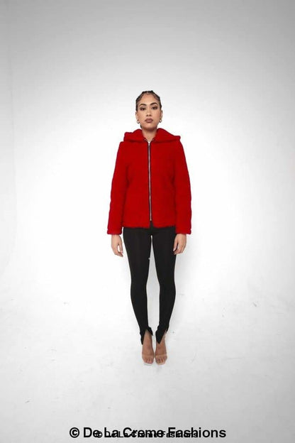 Rose Eleusis Lauren zip-up hooded borg teddy jacket with cozy fleece lining, front zipper, and hooded design, perfect for cold weather.