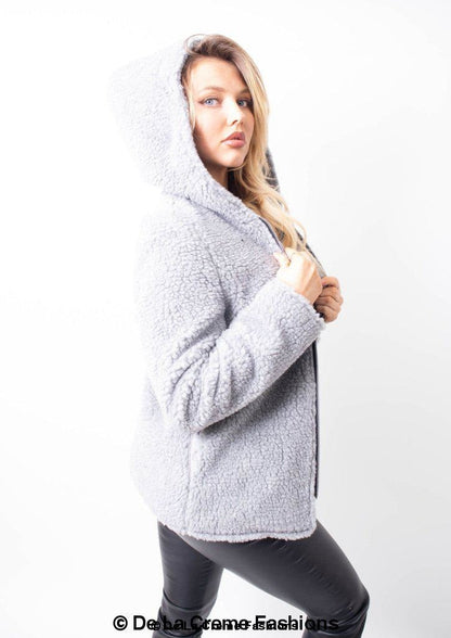 Rose Eleusis Lauren zip-up hooded borg teddy jacket featuring a cozy fleece interior and stylish design for casual wear.