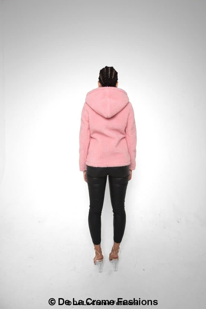 Rose Eleusis Lauren zip-up hooded Borg teddy jacket with cozy fleece lining and front pockets, stylish and warm outerwear.