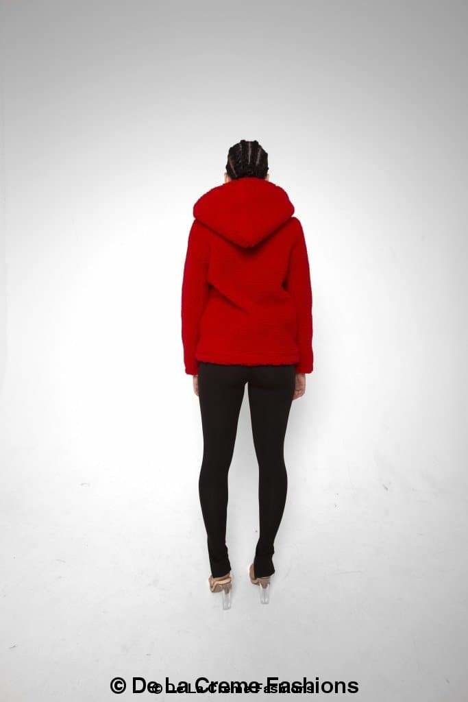 Rose Eleusis Lauren zip-up hooded Borg teddy jacket with cozy fleece lining and front pockets, perfect for cold weather.