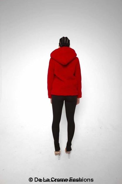 Rose Eleusis Lauren zip-up hooded Borg teddy jacket with cozy fleece lining and front pockets, perfect for cold weather.