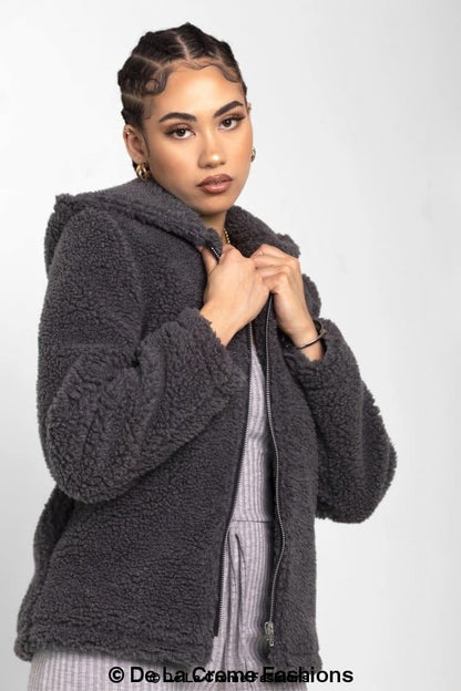 Rose Eleusis Lauren zip-up hooded Borg teddy jacket with cozy fleece lining and front pockets, perfect for chilly days.