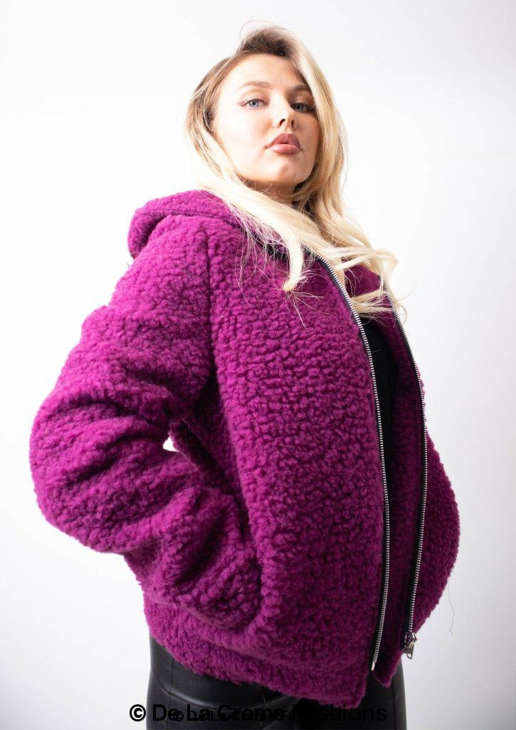 Rose Eleusis Lauren zip-up hooded borg teddy jacket featuring a cozy fleece-lined design and a front zipper for casual warmth.