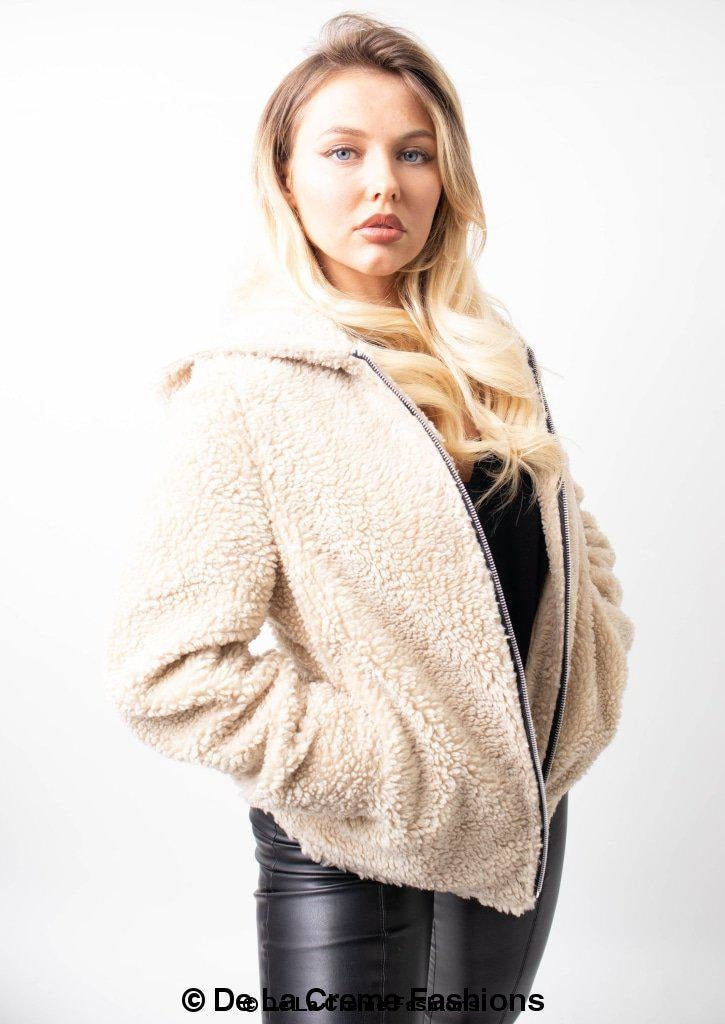 Rose Eleusis Lauren zip-up hooded borg teddy jacket with cozy fleece interior and stylish design, perfect for cold weather.