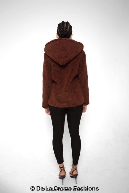 Rose Eleusis Lauren zip-up hooded borg teddy jacket featuring a cozy fleece exterior and adjustable drawstring hood.