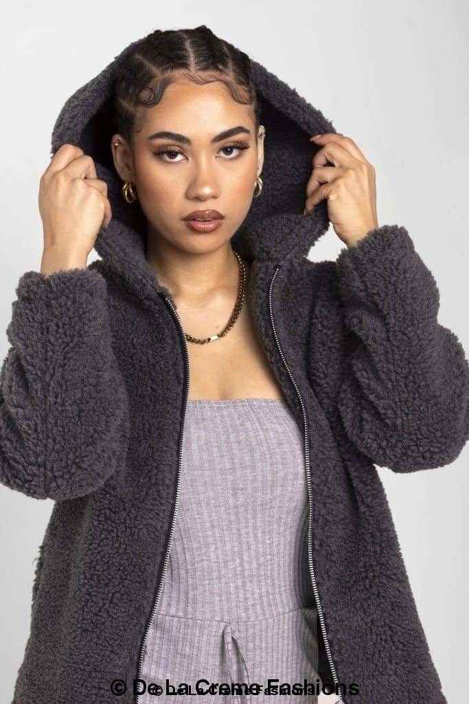 Rose Eleusis Lauren zip-up hooded borg teddy jacket with cozy fleece lining and adjustable drawstring hood.