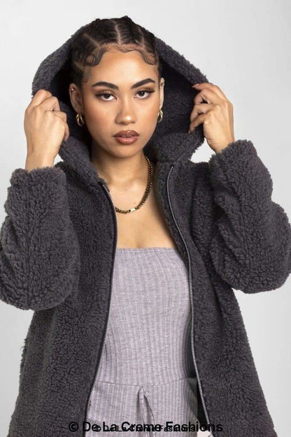 Rose Eleusis Lauren zip-up hooded borg teddy jacket with cozy fleece lining and adjustable drawstring hood.