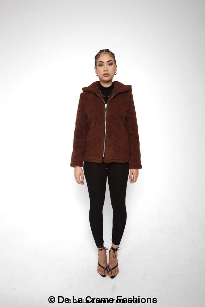 Rose Eleusis Lauren zip-up hooded borg teddy jacket with cozy fleece lining and front pockets, stylish and warm for chilly days