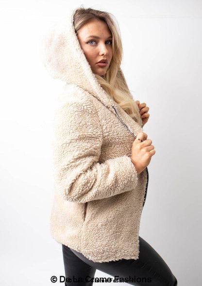 Rose Eleusis Lauren zip-up hooded borg teddy jacket with cozy fleece lining, front pockets, and adjustable drawstrings.