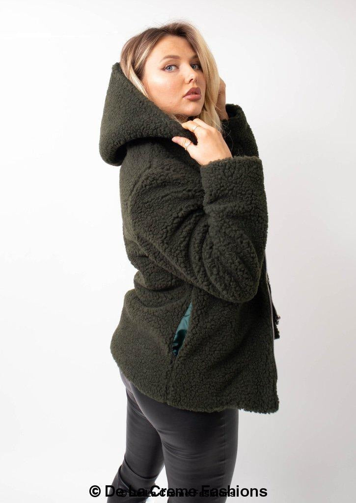 Rose Eleusis Lauren zip-up hooded Borg teddy jacket with cozy fleece lining and soft, plush exterior, perfect for cold weather.