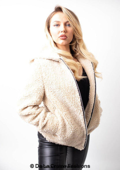 Rose Eleusis Lauren zip-up hooded Borg teddy jacket with cozy fleece interior and stylish design, perfect for cold weather.
