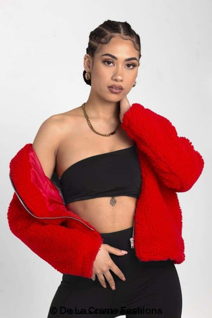 Rose Eleusis Lauren zip-up hooded Borg teddy jacket, cozy coat with a front zipper and hood, soft textured fleece material.