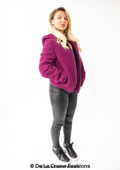 Rose Eleusis Lauren zip-up hooded Borg teddy jacket shown with cozy fleece interior and stylish hooded design.