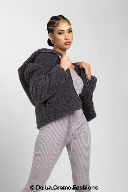 Rose Eleusis Lauren zip-up hooded Borg teddy jacket in grey, featuring a cozy fleece interior and casual style.