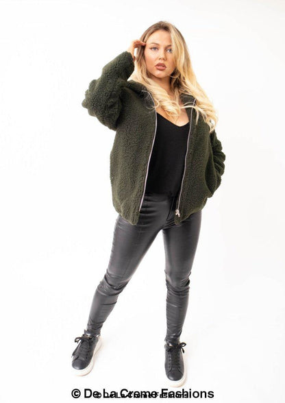 Rose Eleusis Lauren zip-up hooded borg teddy jacket in olive with front pockets and cozy fleece lining.