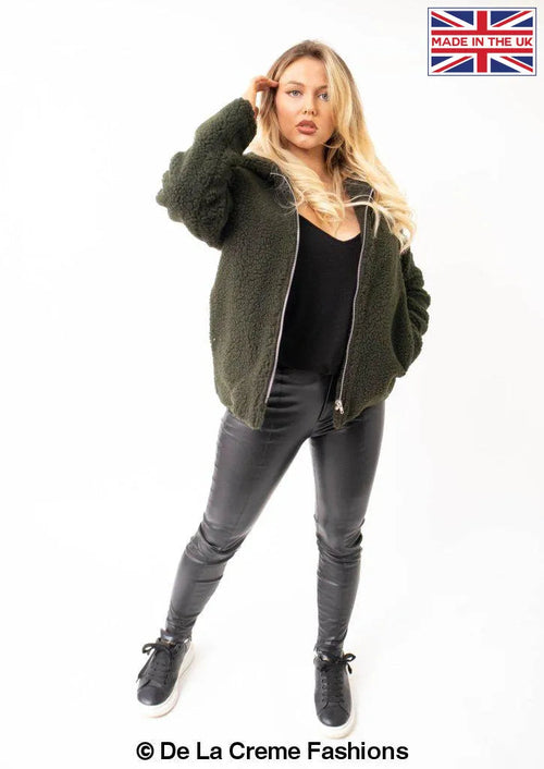 Rose Eleusis Lauren zip-up hooded borg teddy jacket in olive, showing front view with zip closure and cozy fleece material.
