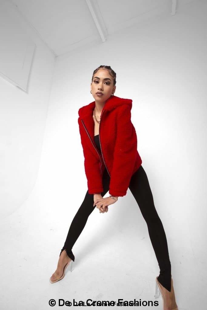 Rose Eleusis Lauren zip-up hooded borg teddy jacket in red, featuring a cozy fleece-lined design and adjustable hood.