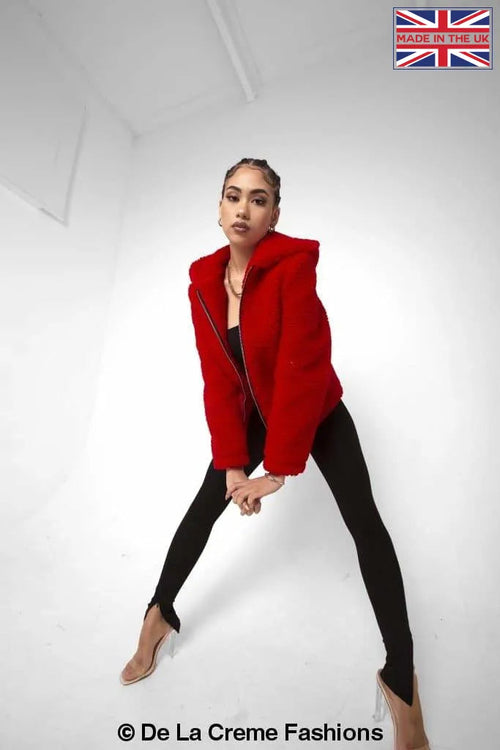 Rose Eleusis Lauren zip-up hooded borg teddy jacket in red, featuring a cozy fleece-lined design with a hood and front zipper.