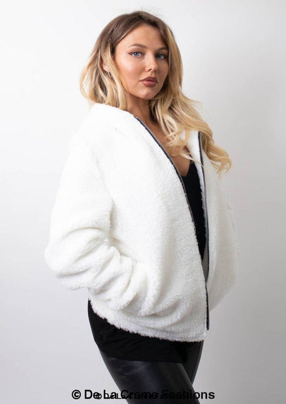 Rose Eleusis Lauren zip-up hooded Borg teddy jacket in white, showing the cozy fleece-lined coat with hood and front zipper.