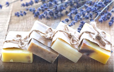 Organic Coconut Soap by Burgundy Crius with lavender scent, vegan healthcare soap bar featuring natural lavender flowers.