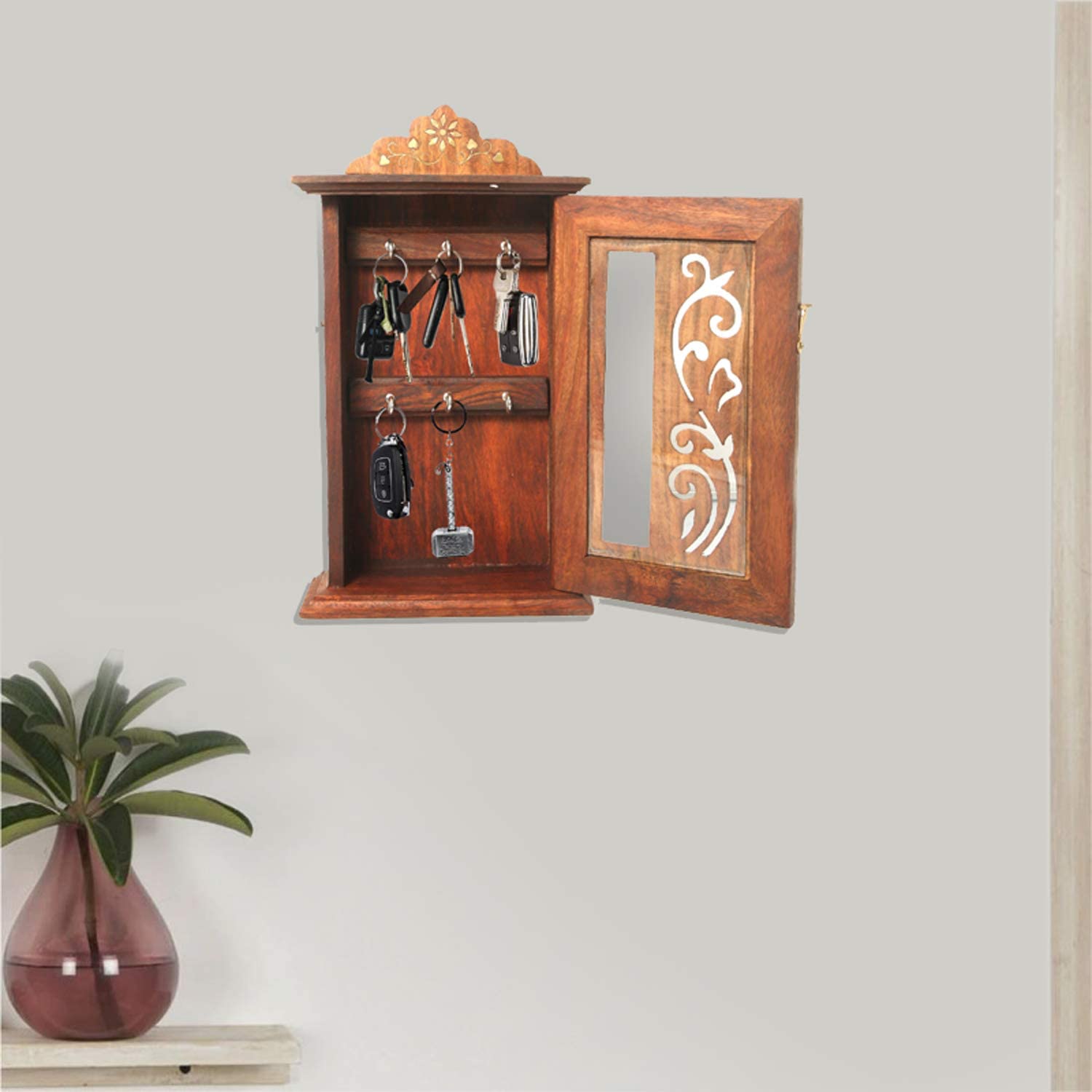 Sheesham wood wall-mounted key holder with leaf design and hooks, decorative home decor by Apricot Lucky.