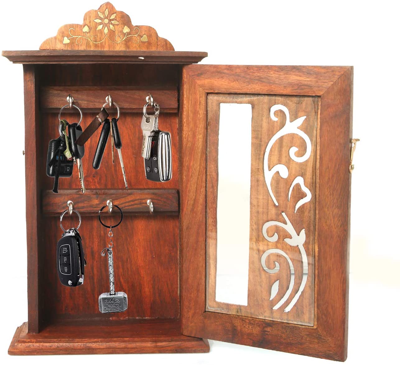 Sheesham wood wall-mounted leaf design key holder with hooks, ideal for home decor and organization by Apricot Lucky.
