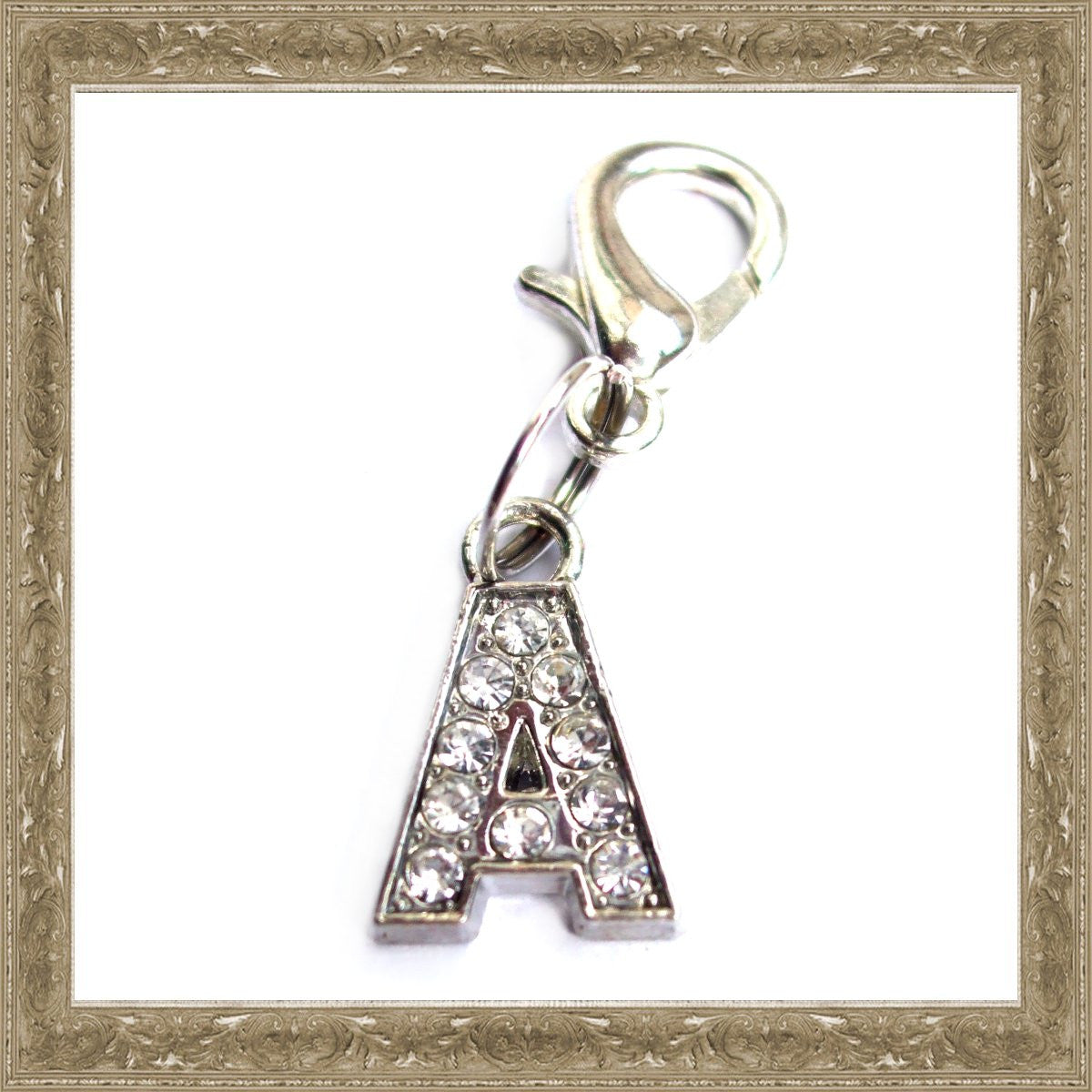 Salmon Oscar A-Z crystal letter pet charm pendant on a leash or collar, sparkling alphabet pendant for pet accessories.