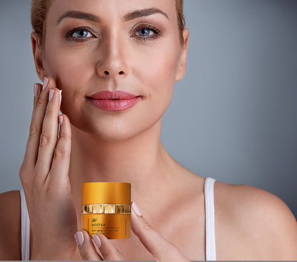 Purple Maple anti-aging face, neck, and décolleté serum in a skincare bottle, shown in a natural skincare routine setting.