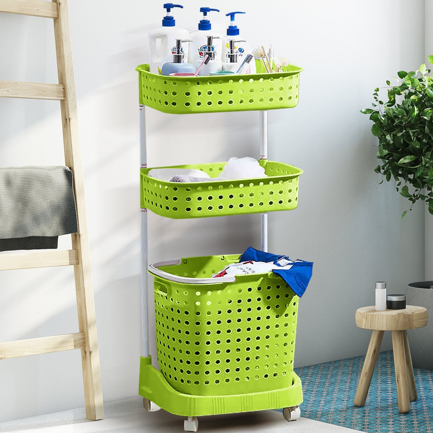 Ultramarine Dione 3-tier bathroom laundry basket with mobile rack, showcasing a spacious, organized clothes hamper in a modern bathroom setting.