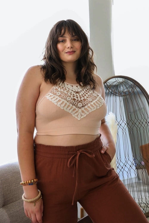 Lightweight blush crochet lace high-neck halter bralette with cross-back design by Periwinkle Aether, lingerie and underwear.