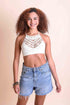 Lightweight ivory crochet lace halter bralette with high neck and cross-back straps, stylish lingerie from Periwinkle Aether.