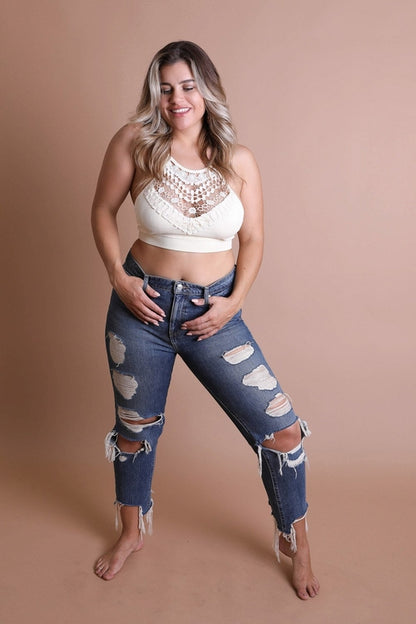 Ivory crochet lace high neck halter bralette with cross-back design from Periwinkle Aether, lightweight and stretchy lingerie.
