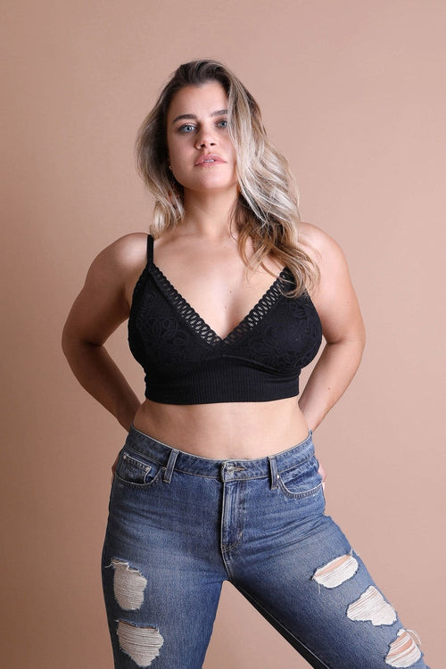 Plus size black lace brami by Periwinkle Aether featuring a stretchy waistband loop and elegant lightweight lace design.
