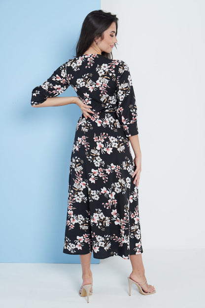 Black floral print midi wrap dress for women by Amethyst Millie, featuring a stylish and elegant design.