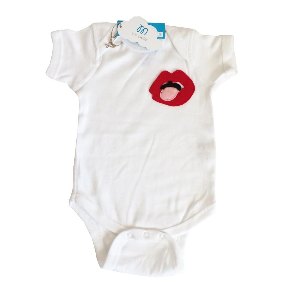Sky Blue Milo baby onesie featuring lips design by Donald Robertson, perfect for infants and toddlers.